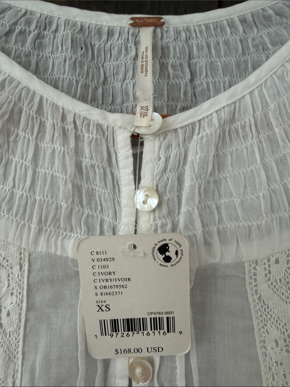 NWT Free People White Lace-Trim Button Down Peasant Blouse - Picture 7 of 13